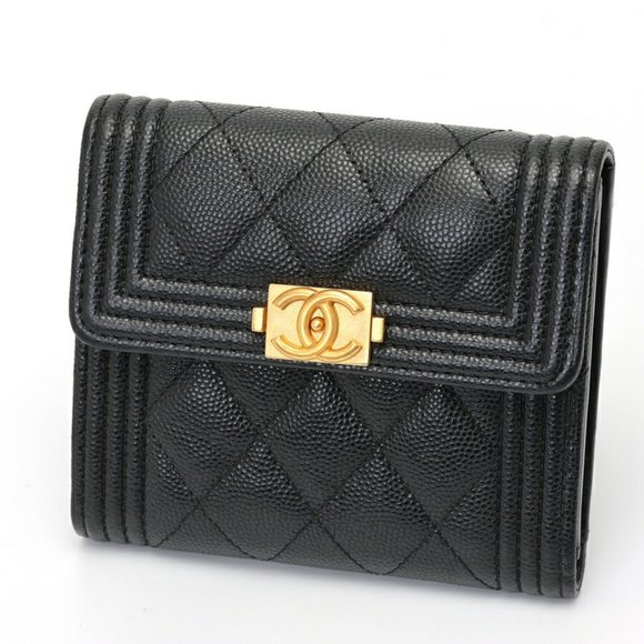 CHANEL Boy Chanel Tri-fold Wallet Compact A80743 Caviar Skin Black S-157722 - Picture 1 of 8